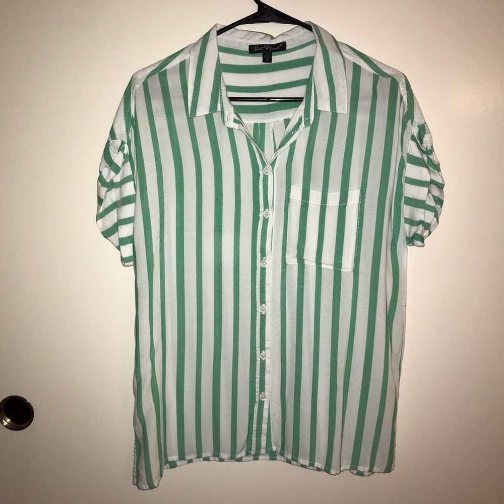 Velvet Heart Green/White Striped Button Up Shirt